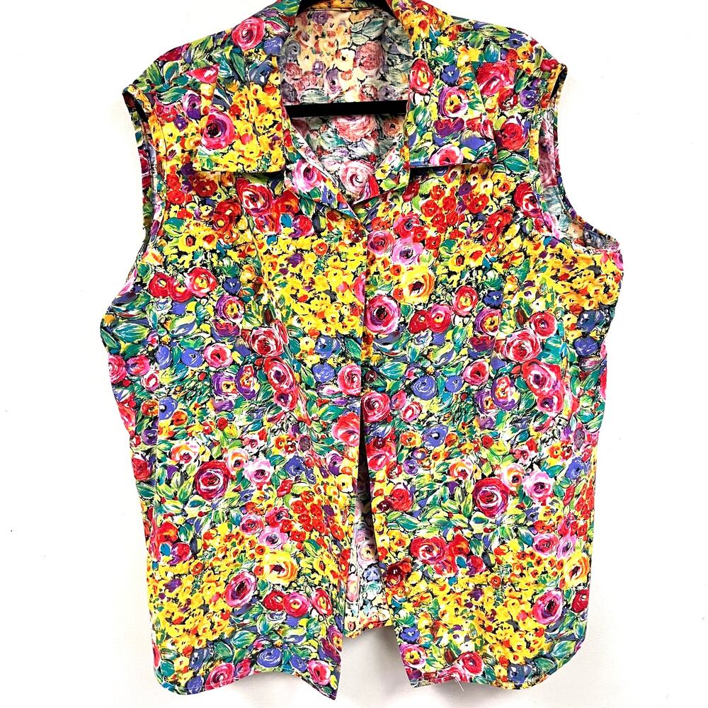 Vintage women's floral sleeveless bright multicolor button down 3XL